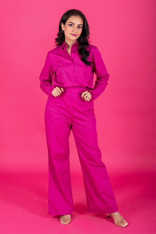 Solid Colour Shirt And Pants Co-Ord Set Pink