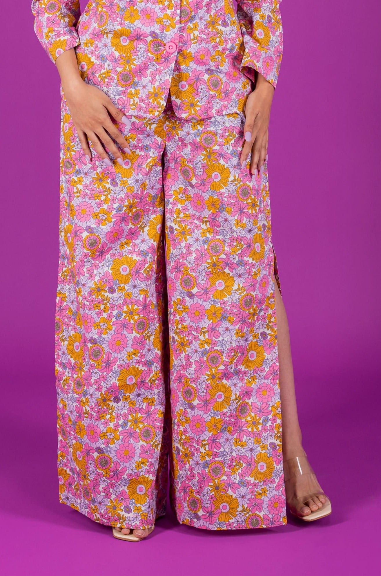 Floral Print Side Slit Wide Leg Pants