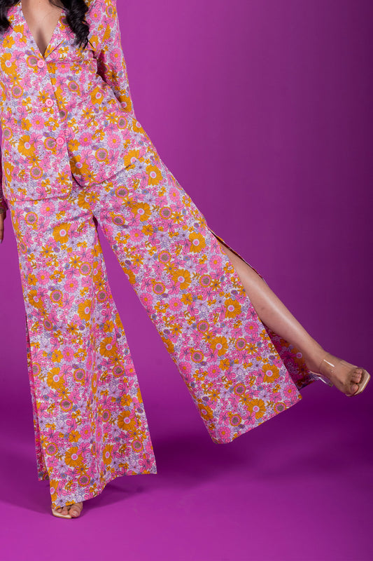 Floral Print Side Slit Wide Leg Pants