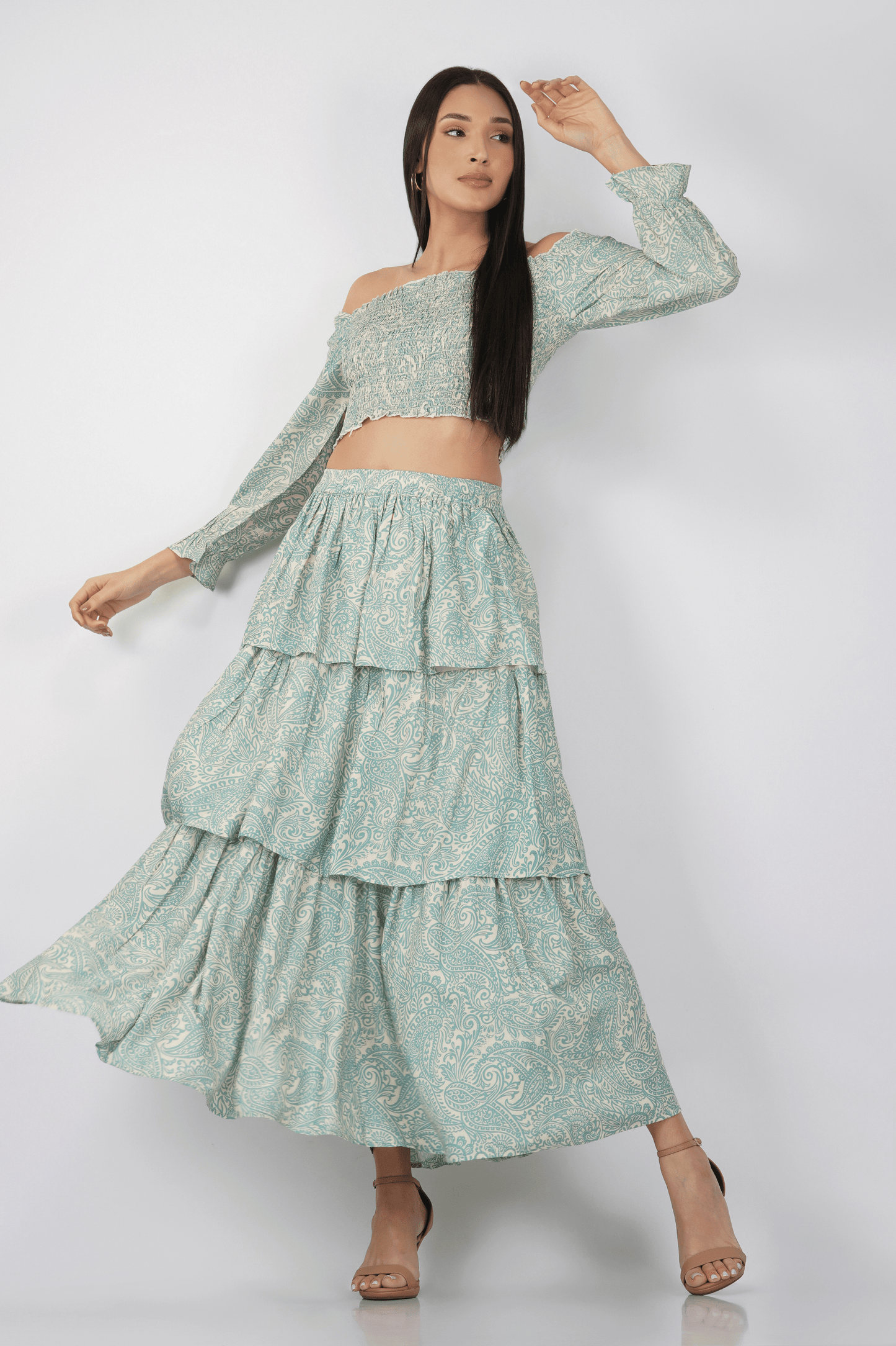 Printed Crop Top and Layered Skirt Co-Ord Set