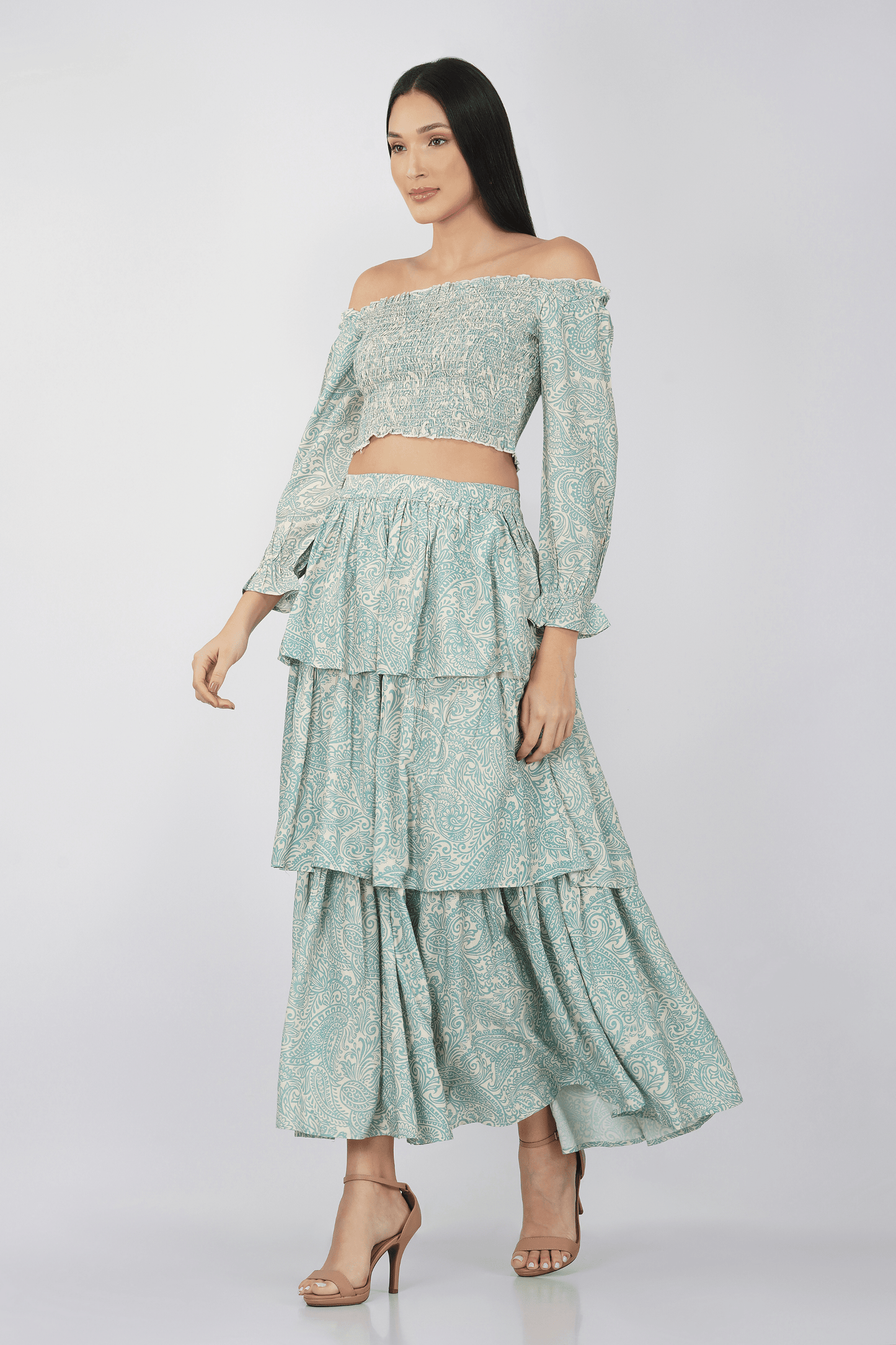 Printed Crop Top and Layered Skirt Co-Ord Set