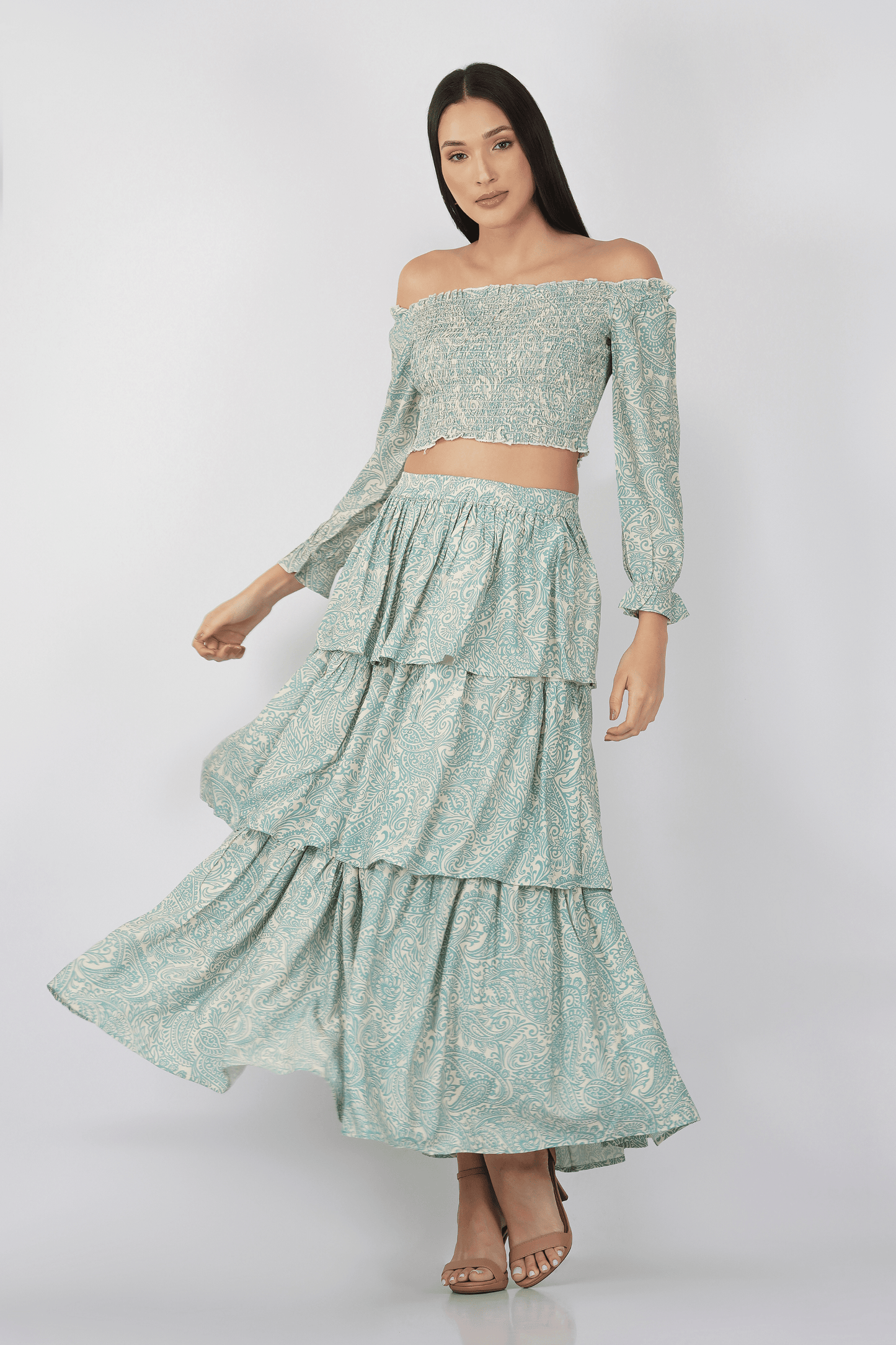 Printed Crop Top and Layered Skirt Co-Ord Set