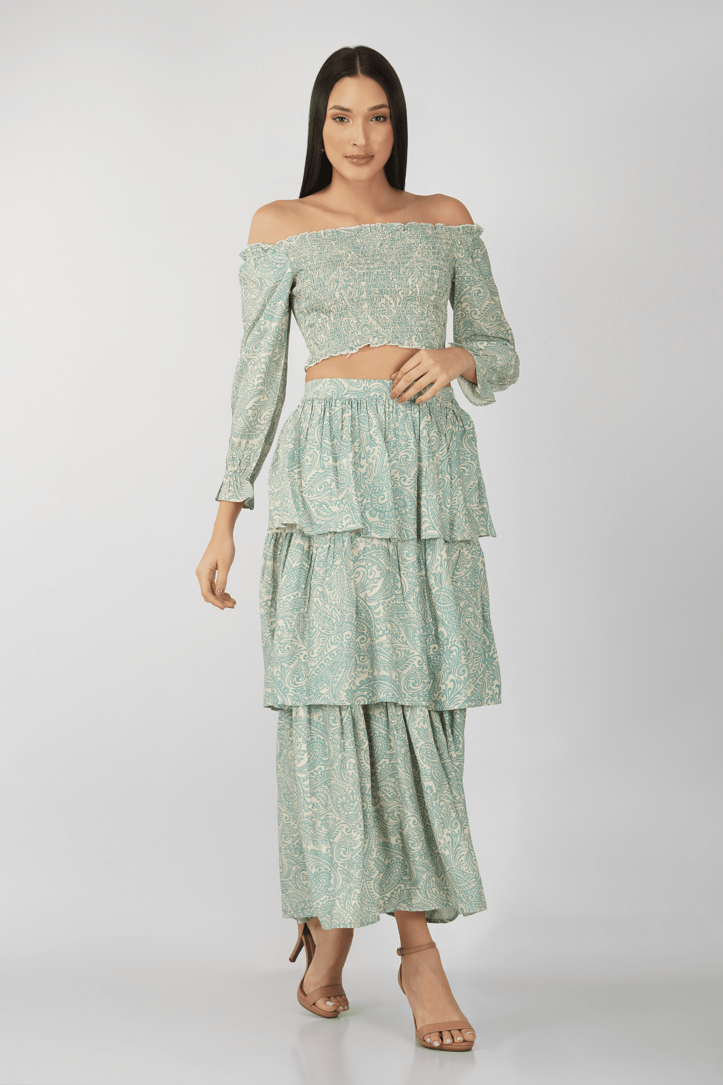 Printed Crop Top and Layered Skirt Co-Ord Set