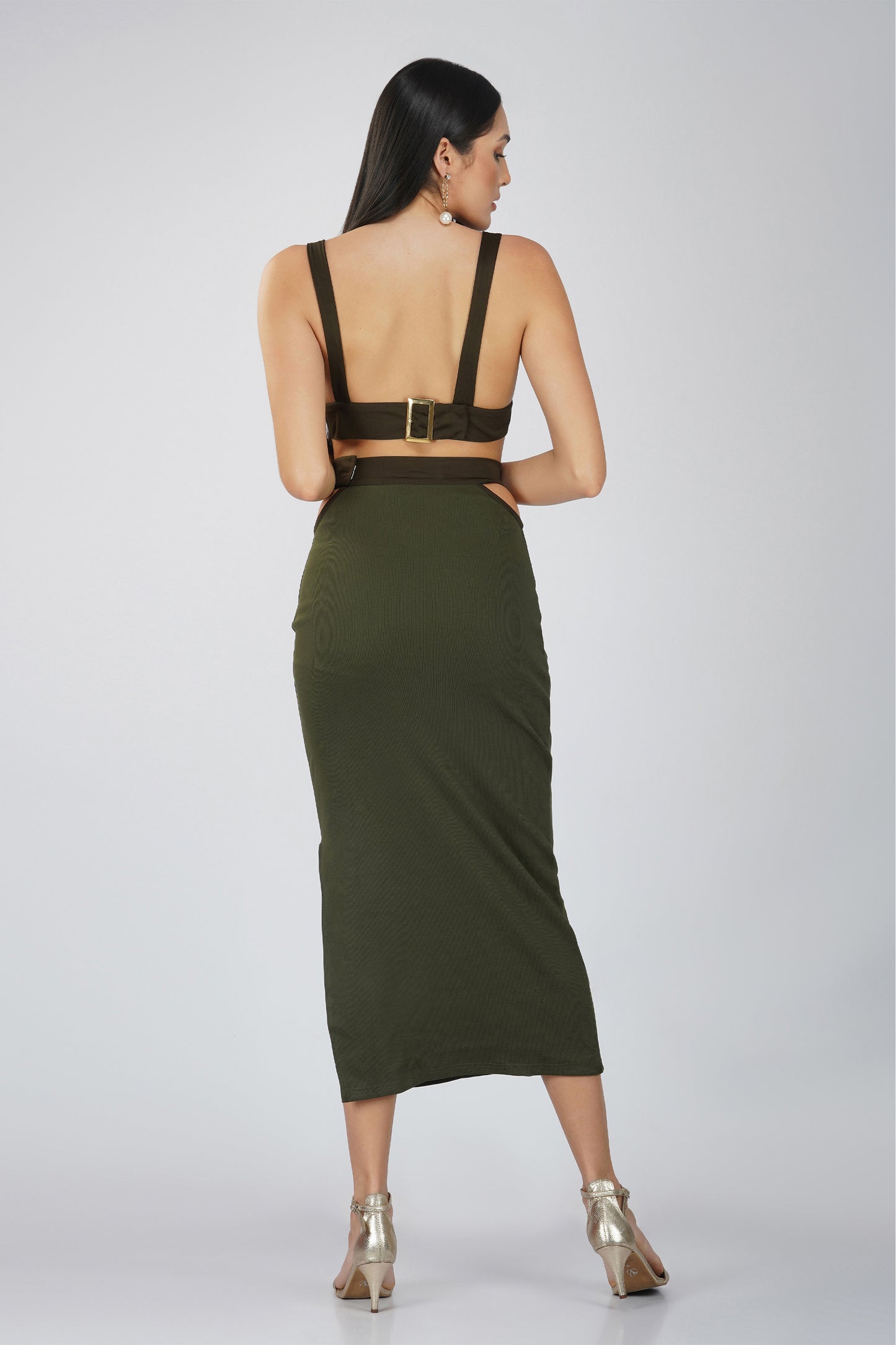 Luxe Olive Green Ribbed Knit Crop Top and Maxi Skirt with Buckles