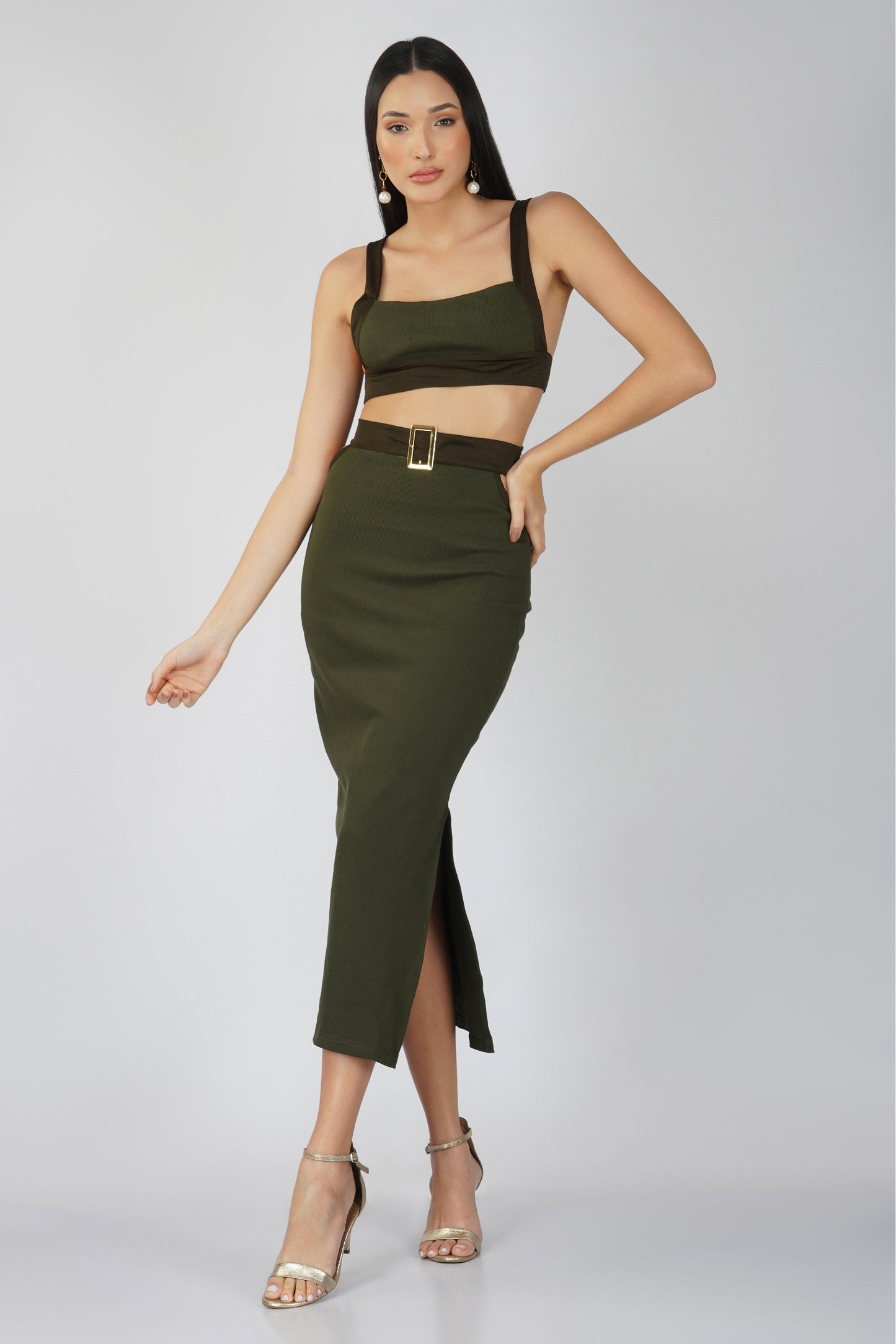 Luxe Olive Green Ribbed Knit Crop Top and Maxi Skirt with Buckles