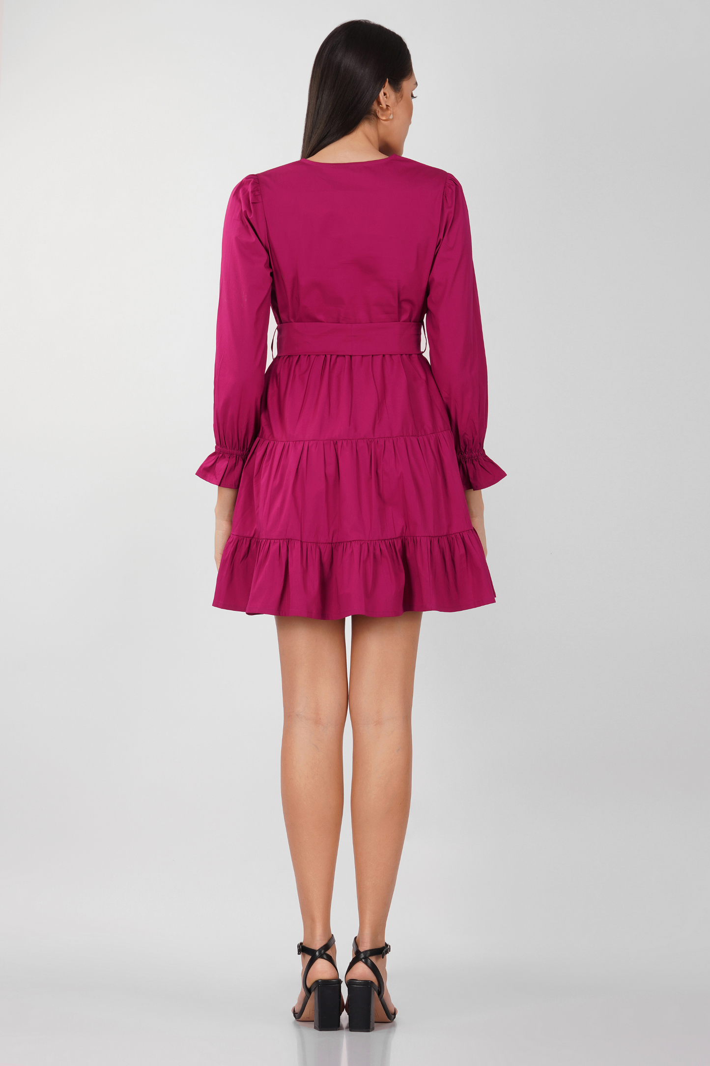 Layered Full Sleeves Belted Short Dress