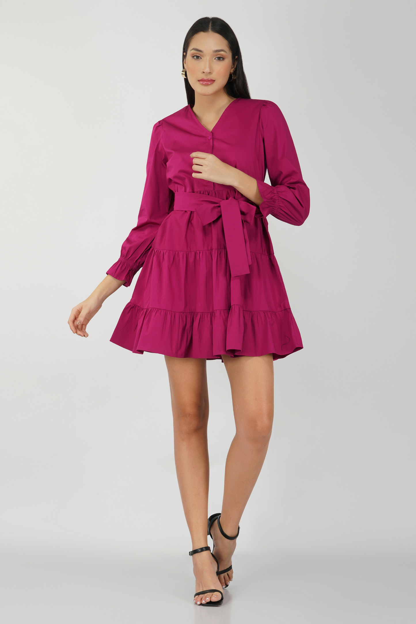 Layered Full Sleeves Belted Short Dress