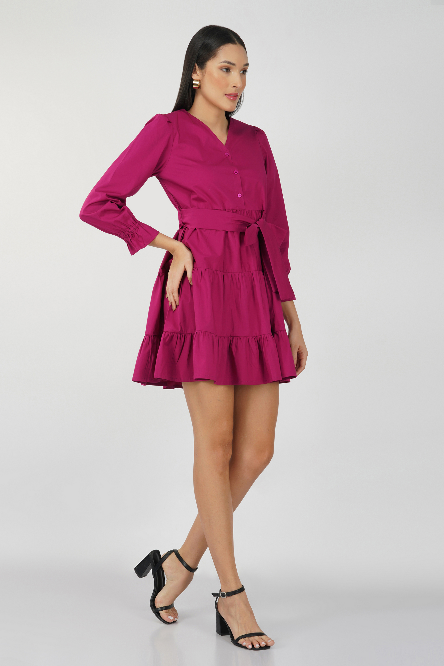 Layered Full Sleeves Belted Short Dress