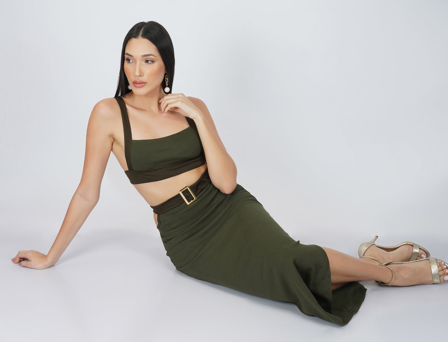 Luxe Olive Green Ribbed Knit Crop Top and Maxi Skirt with Buckles