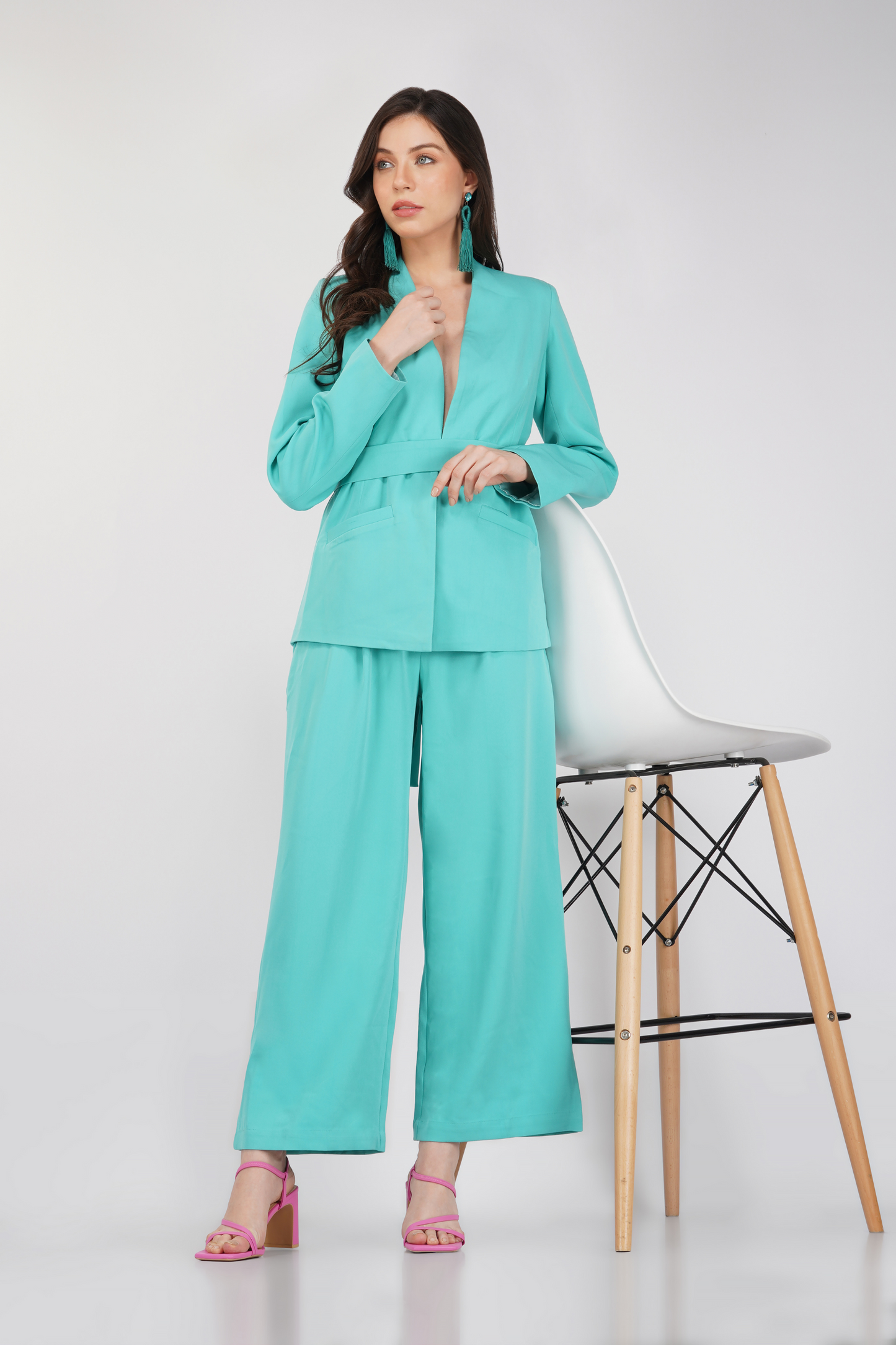 Open Back Blazer and Trousers Set Green