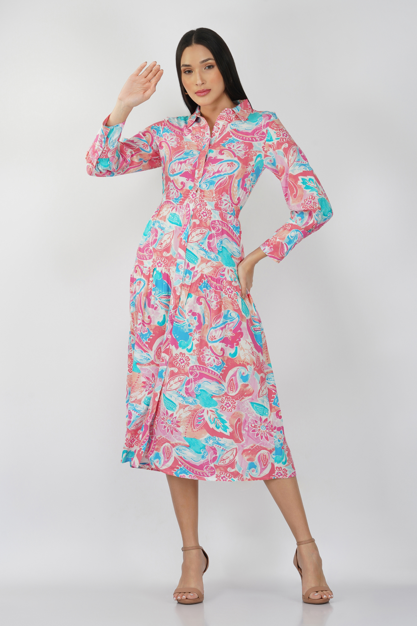 Long Sleeves Printed Maxi Shirt Dress