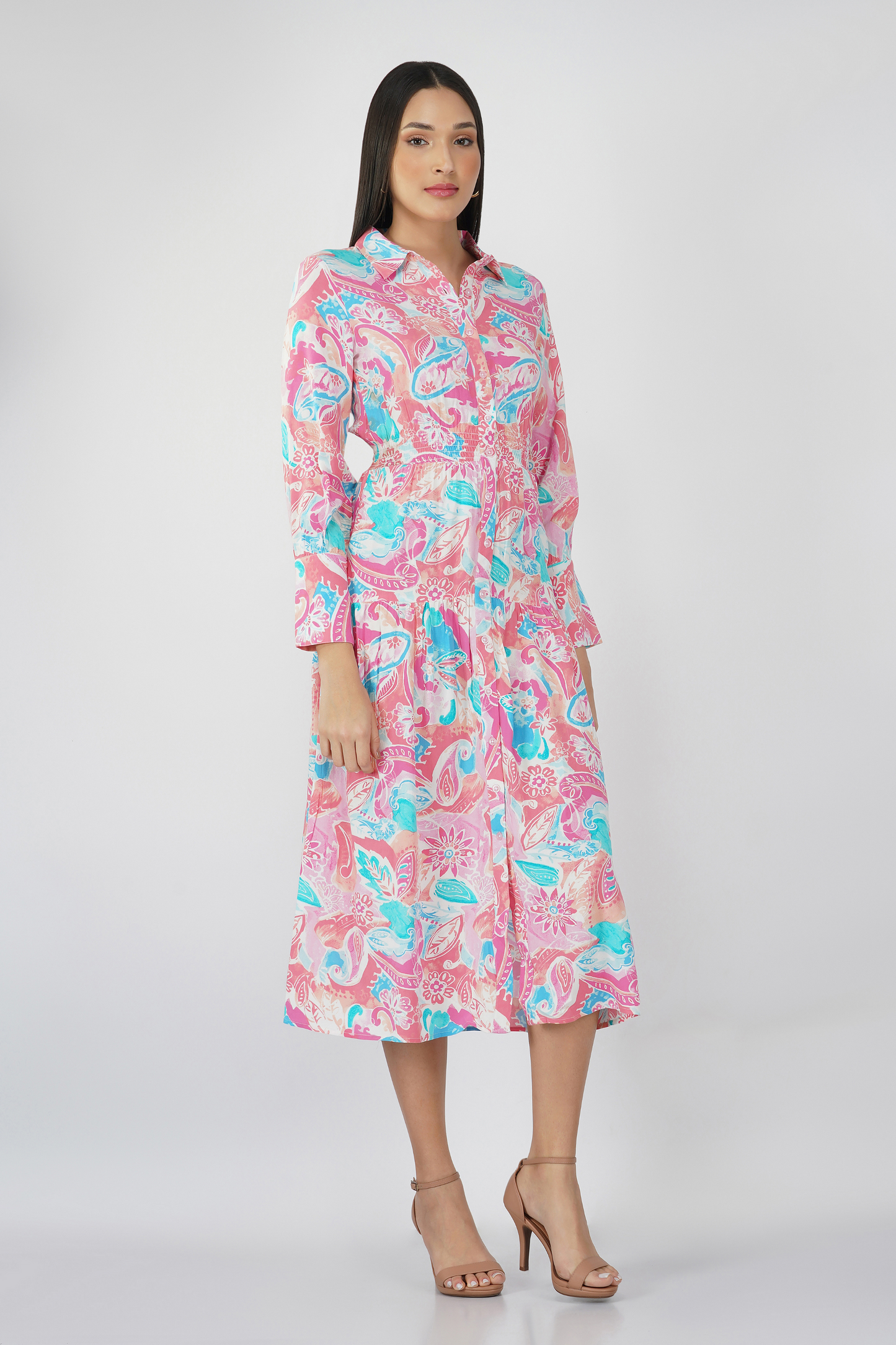 Long Sleeves Printed Maxi Shirt Dress