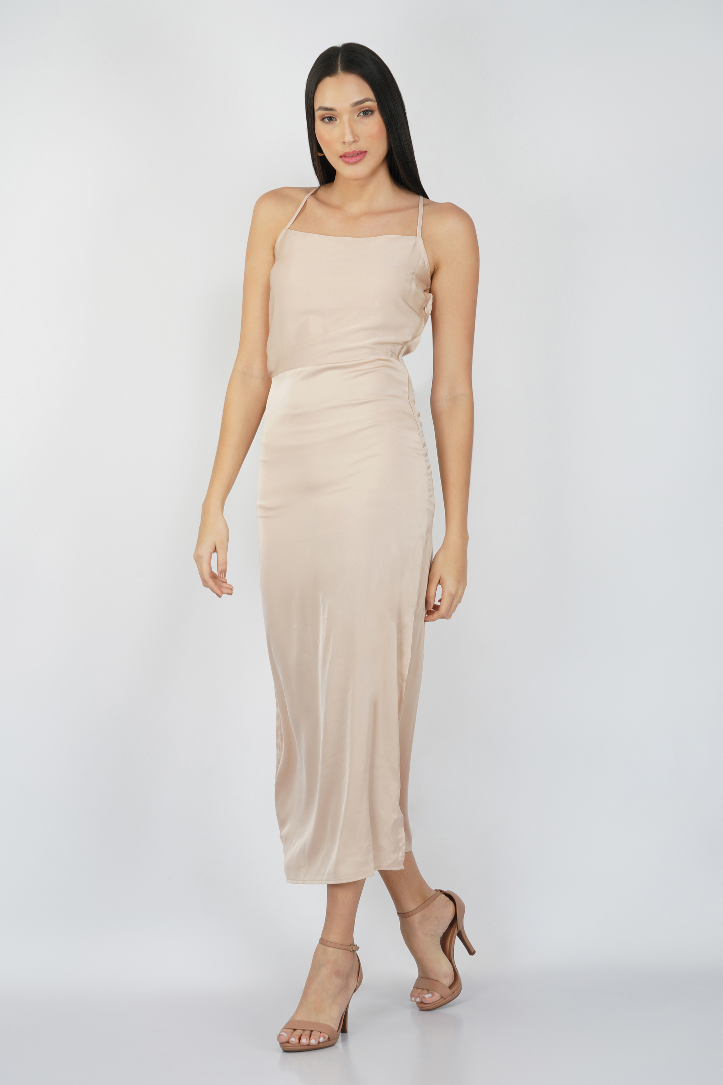 Cross Strap Back Details Satin Sleevless Maxi Dress With Slit