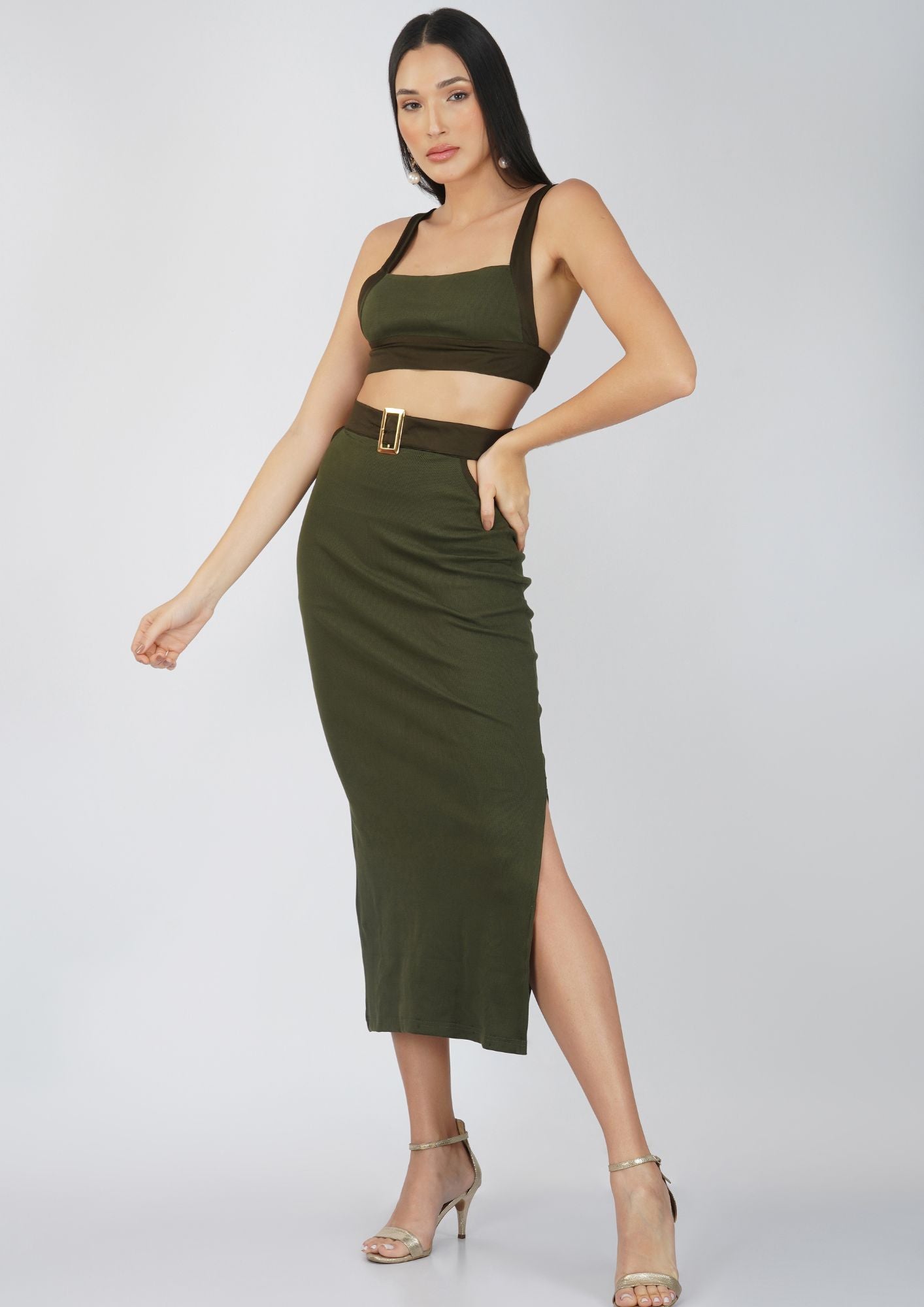 Luxe Olive Green Ribbed Knit Crop Top and Maxi Skirt with Buckles