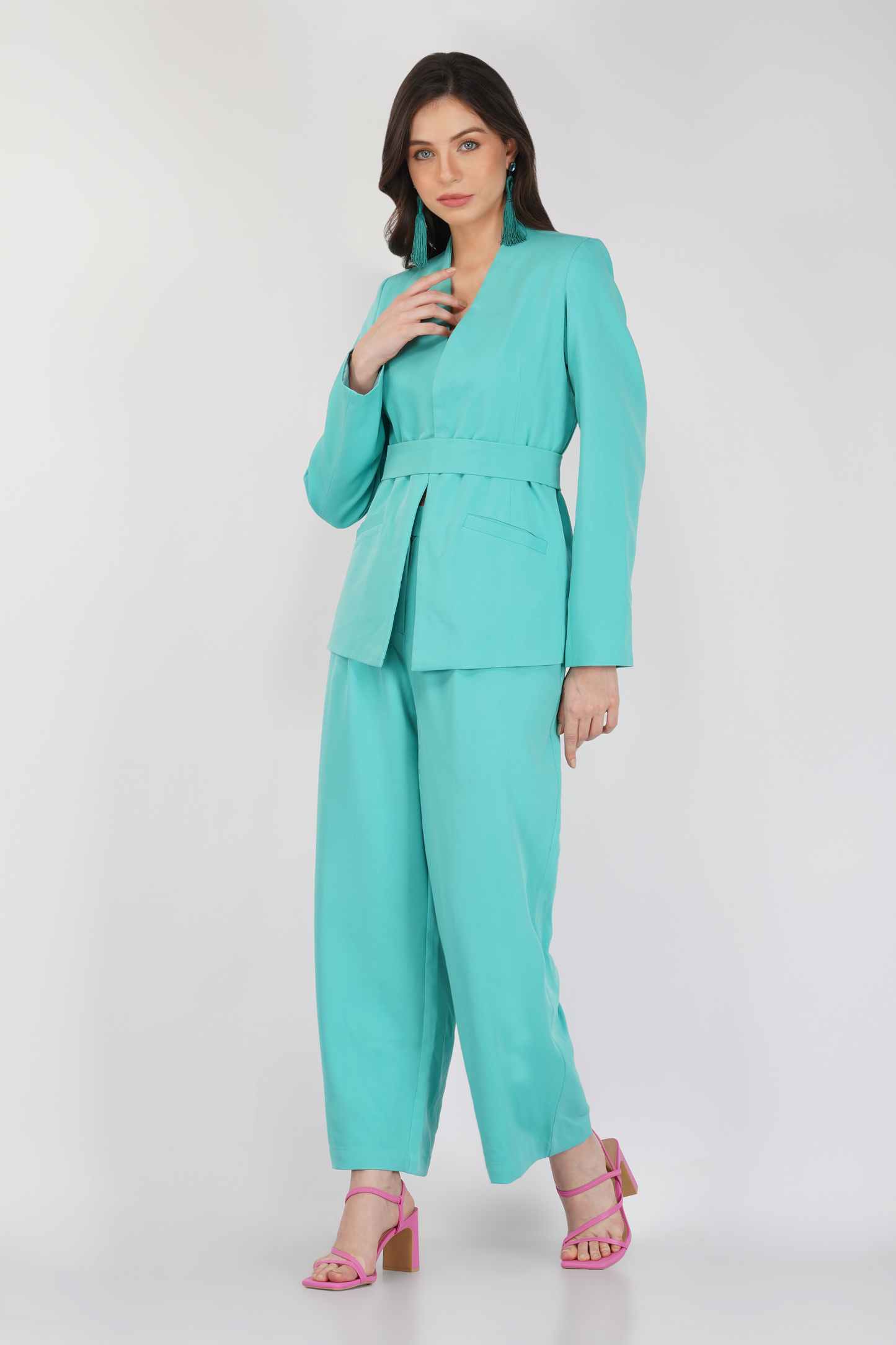 Open Back Blazer and Trousers Set Green