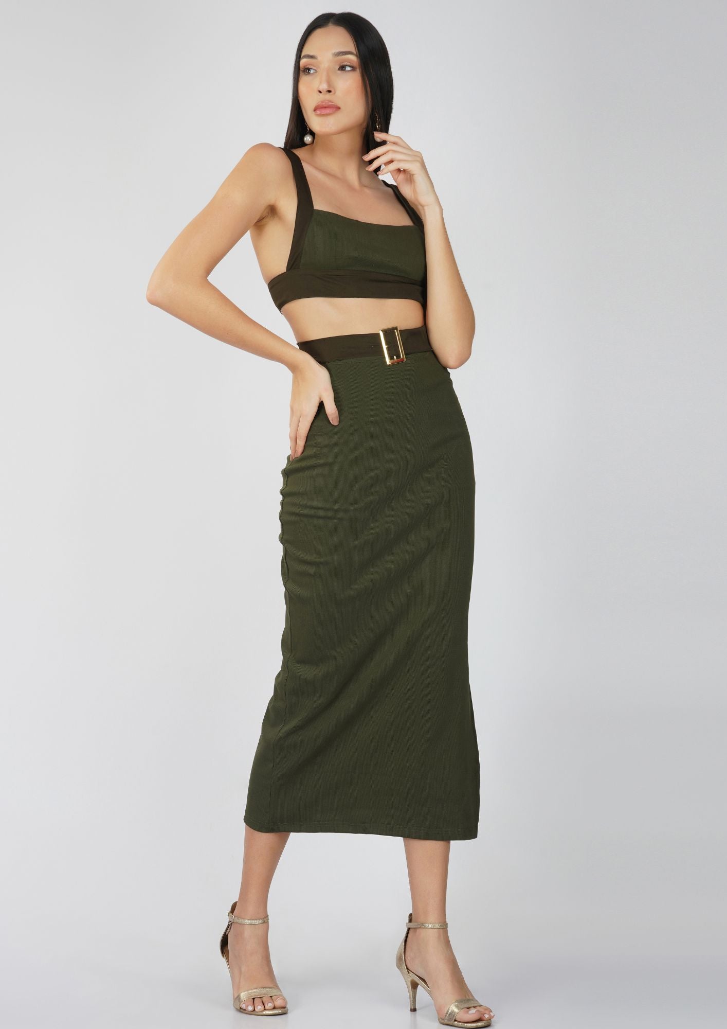 Luxe Olive Green Ribbed Knit Crop Top and Maxi Skirt with Buckles