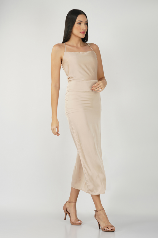 Cross Strap Back Details Satin Sleevless Maxi Dress With Slit