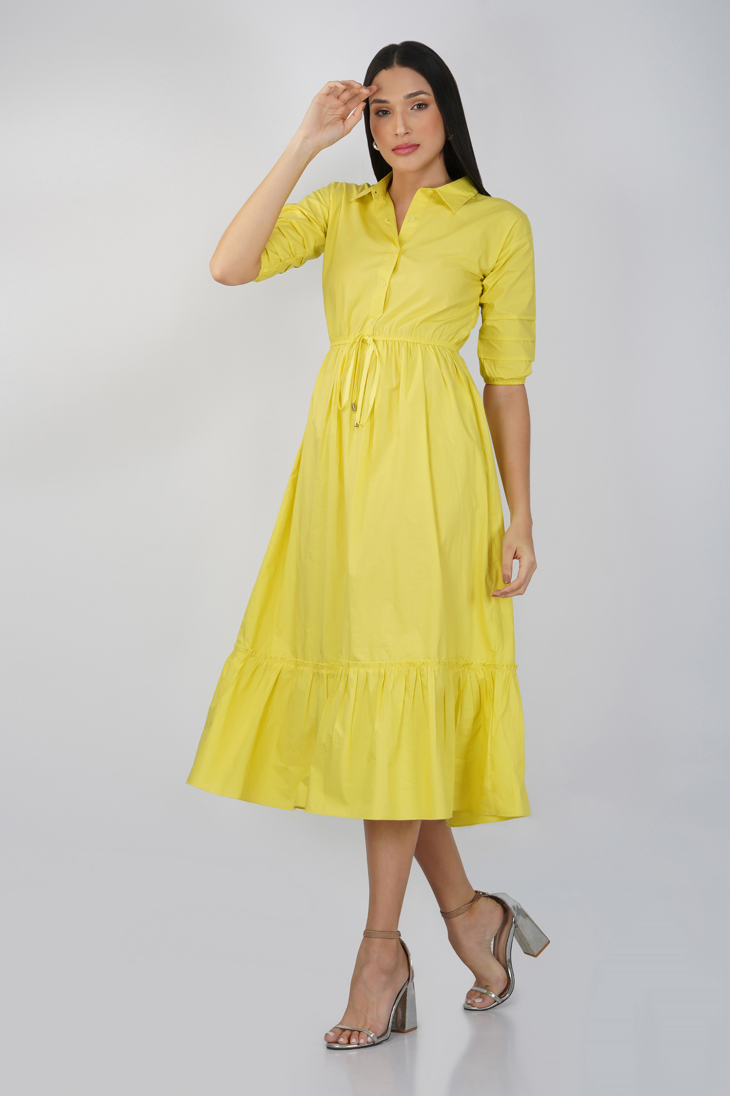 Lantern Sleeve Ruffle Hem Knot Front Dress