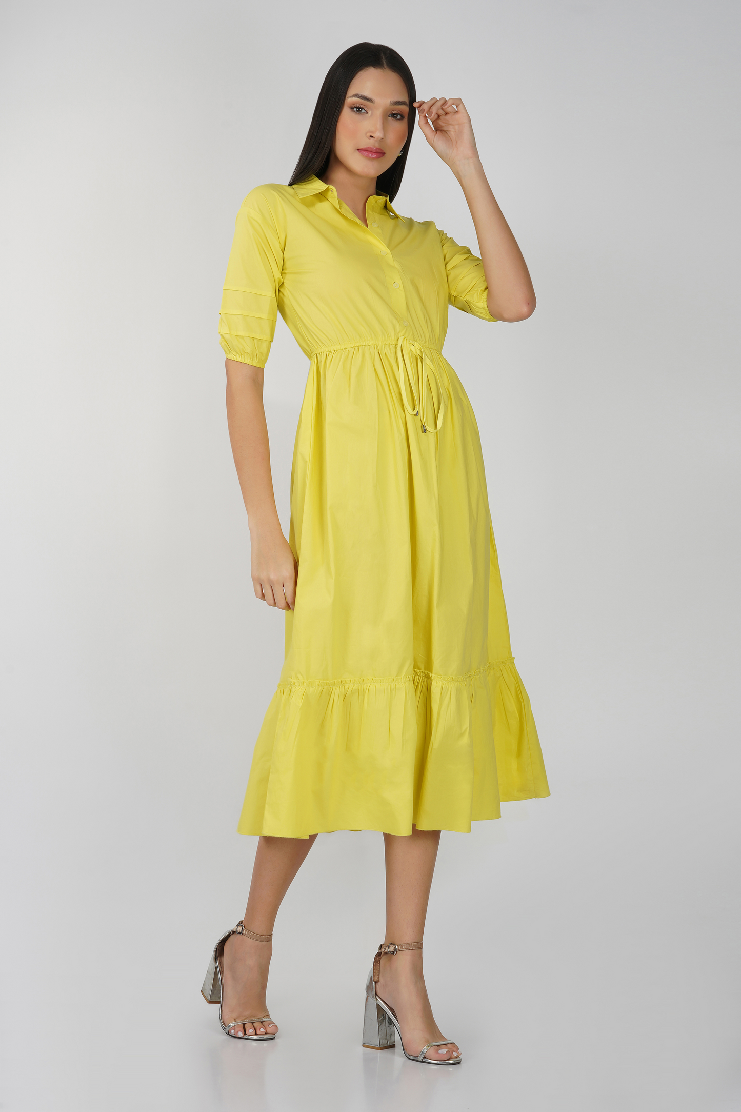 Lantern Sleeve Ruffle Hem Knot Front Dress