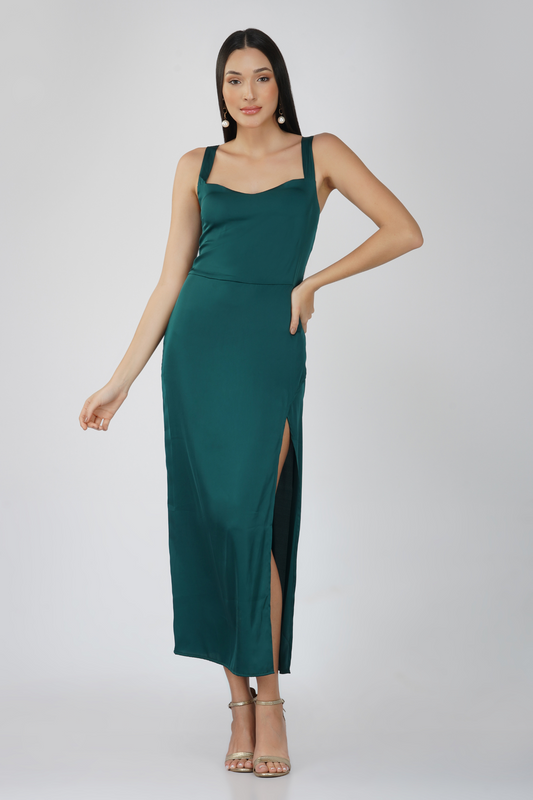 Satin Sleeveless Maxi Dress With Wrap Side Slit