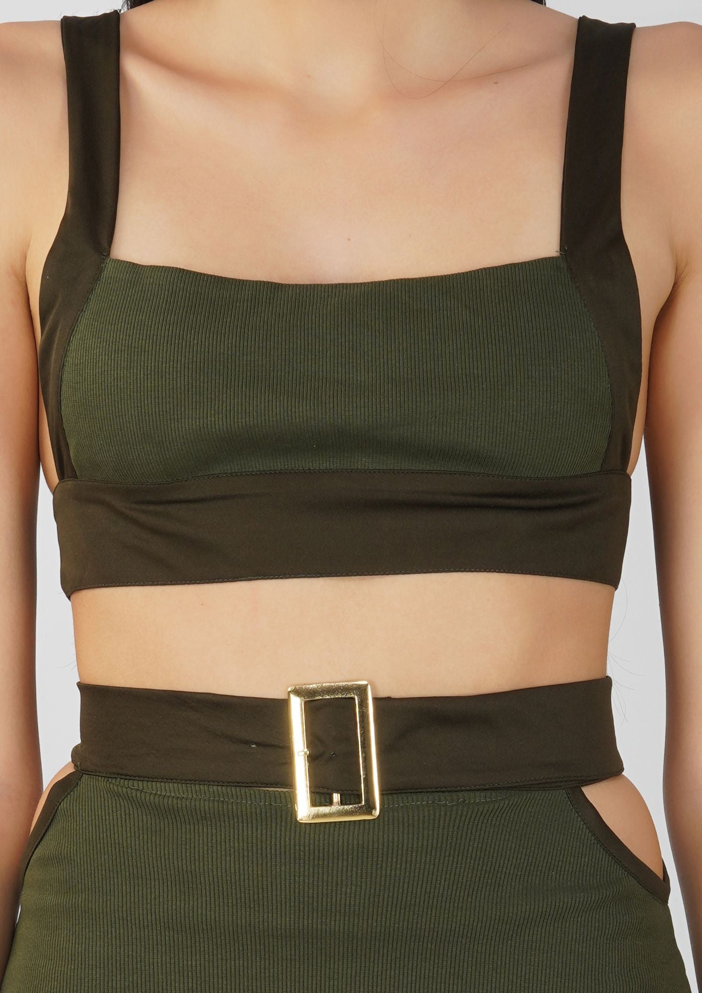 Luxe Olive Green Ribbed Knit Crop Top and Maxi Skirt with Buckles