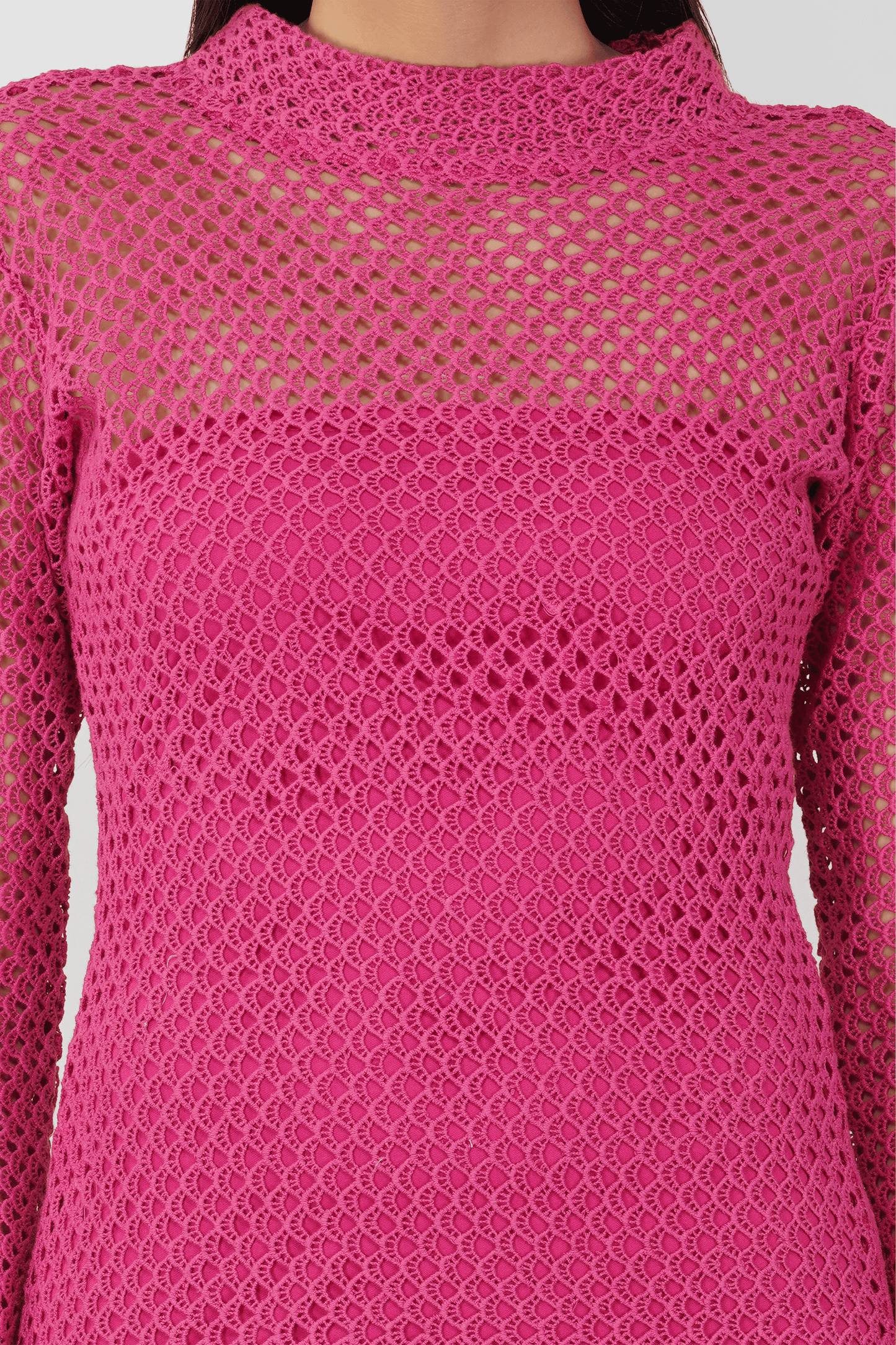 Luxe Pink Crochet Long Sleeves Short Dress with lining