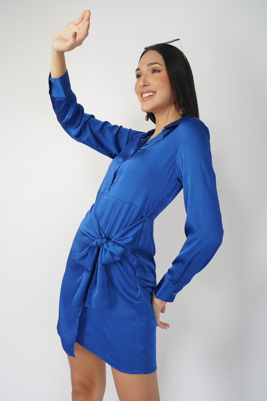 Satin Side Wrap Shirt Dress Blue