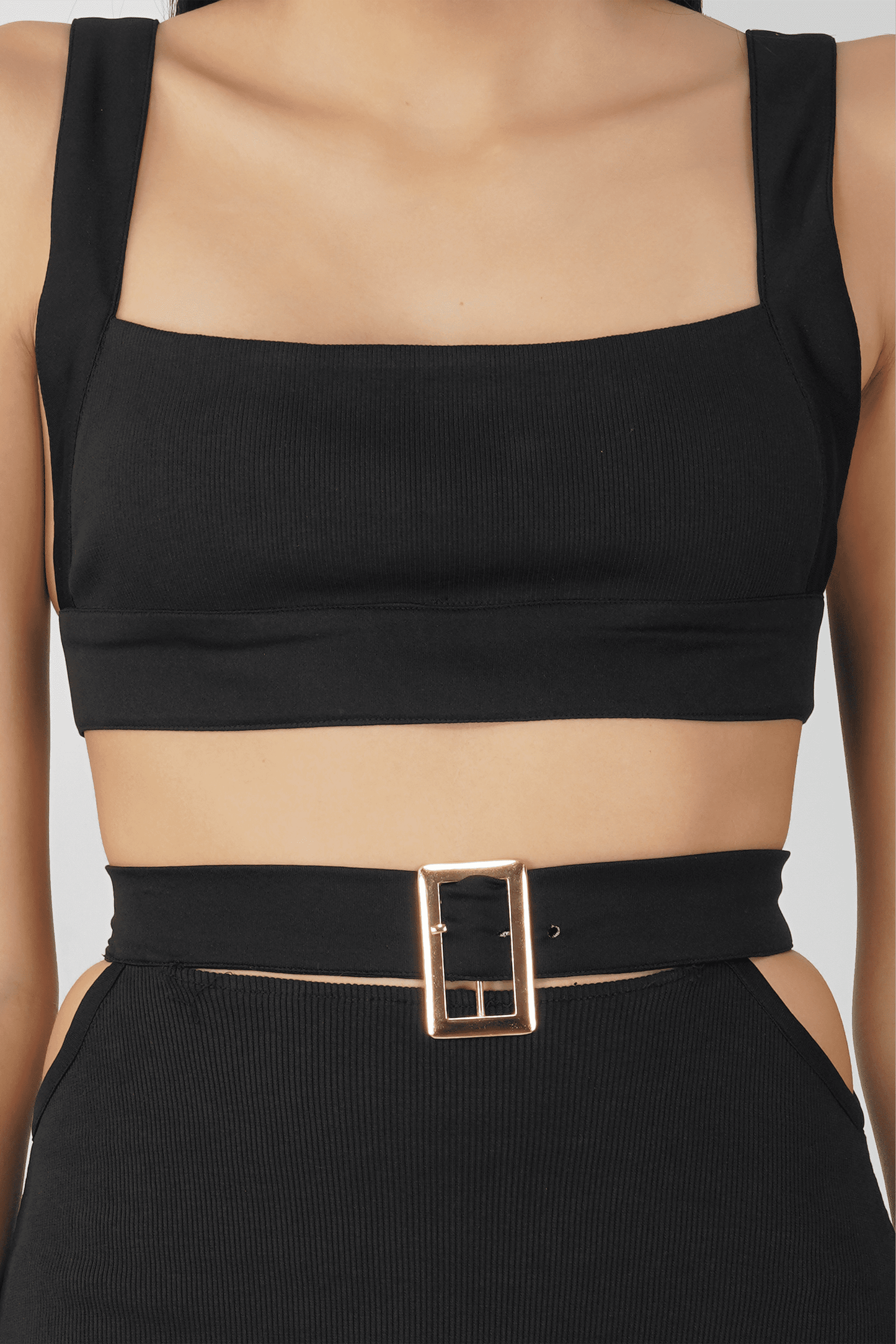 Luxe Black Ribbed Knit Crop Top and Maxi Skirt with Buckles