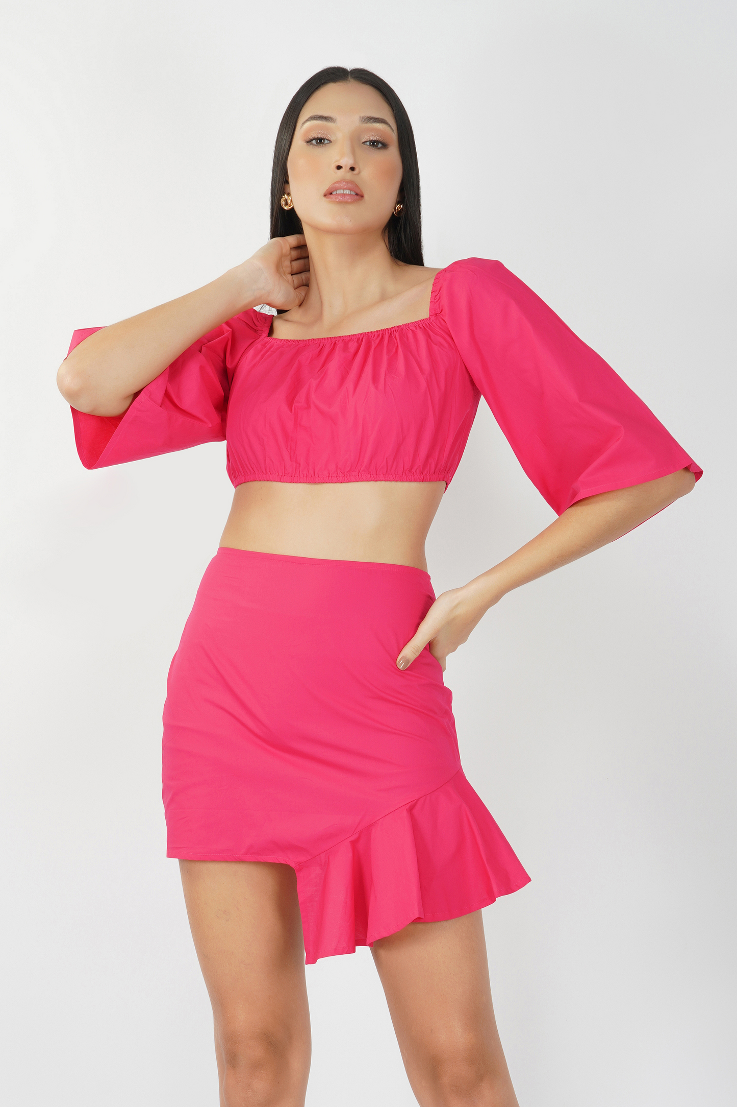 Solid Colour Crop Top and Skirt Co-ord Set