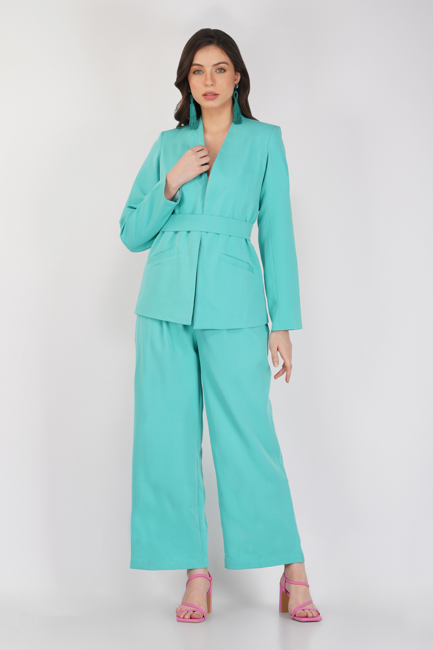 Open Back Blazer and Trousers Set Green