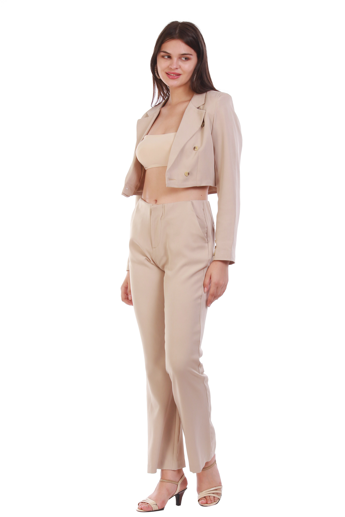 Crop Blazer and Trouser Set Beige