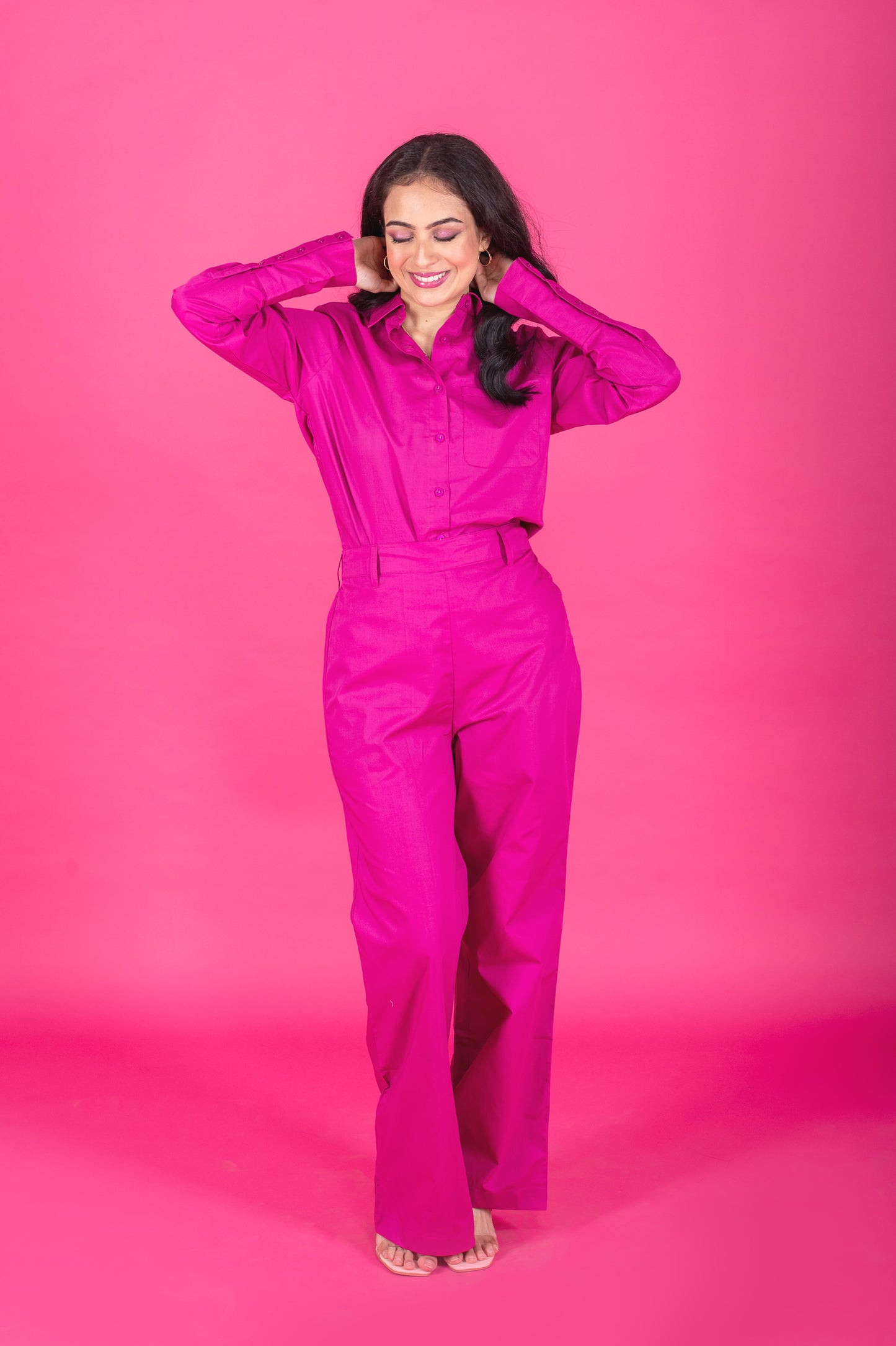 Solid Colour Shirt And Pants Co-ord Set Pink