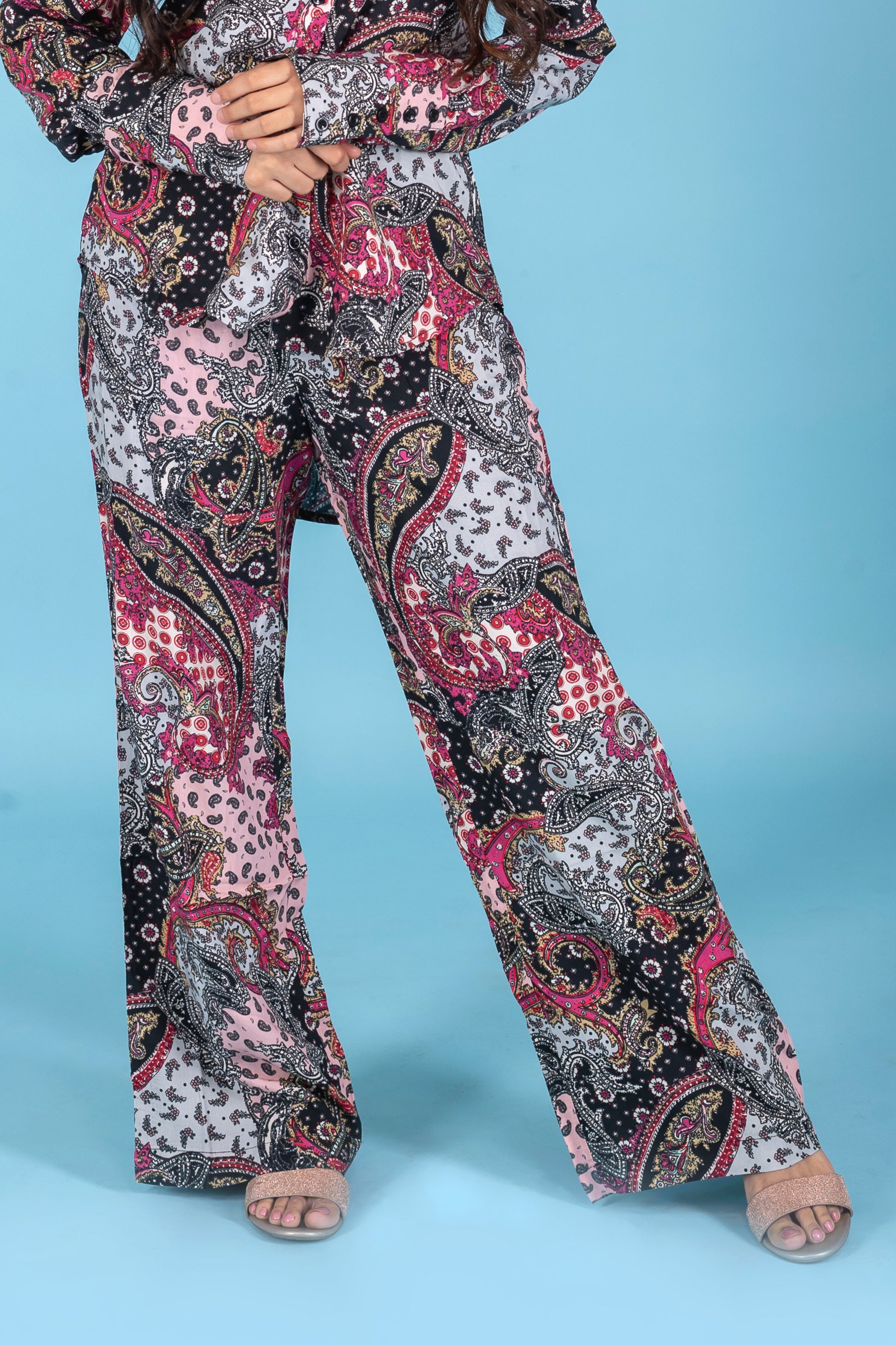 Patchwork Print Wide Leg Pants Multicolor