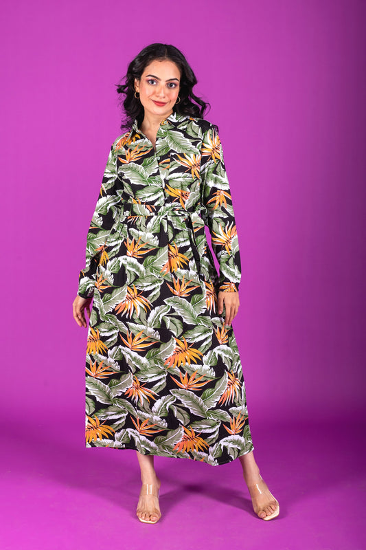 Leaves Print Belted Full Sleeves Maxi Dress