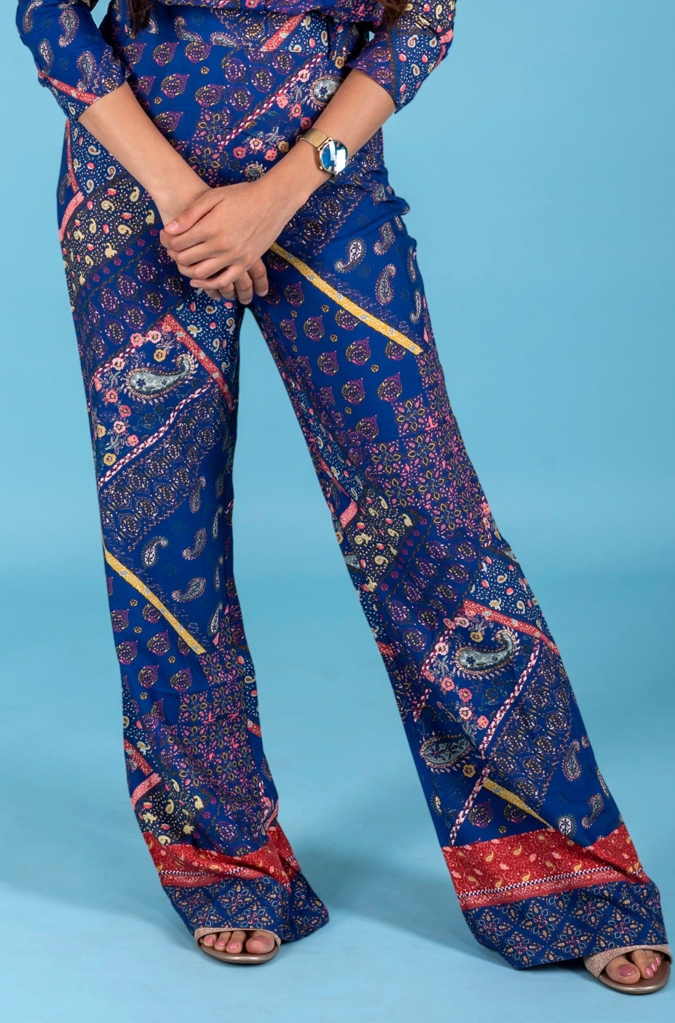 Patchwork Print Wide Leg Pants