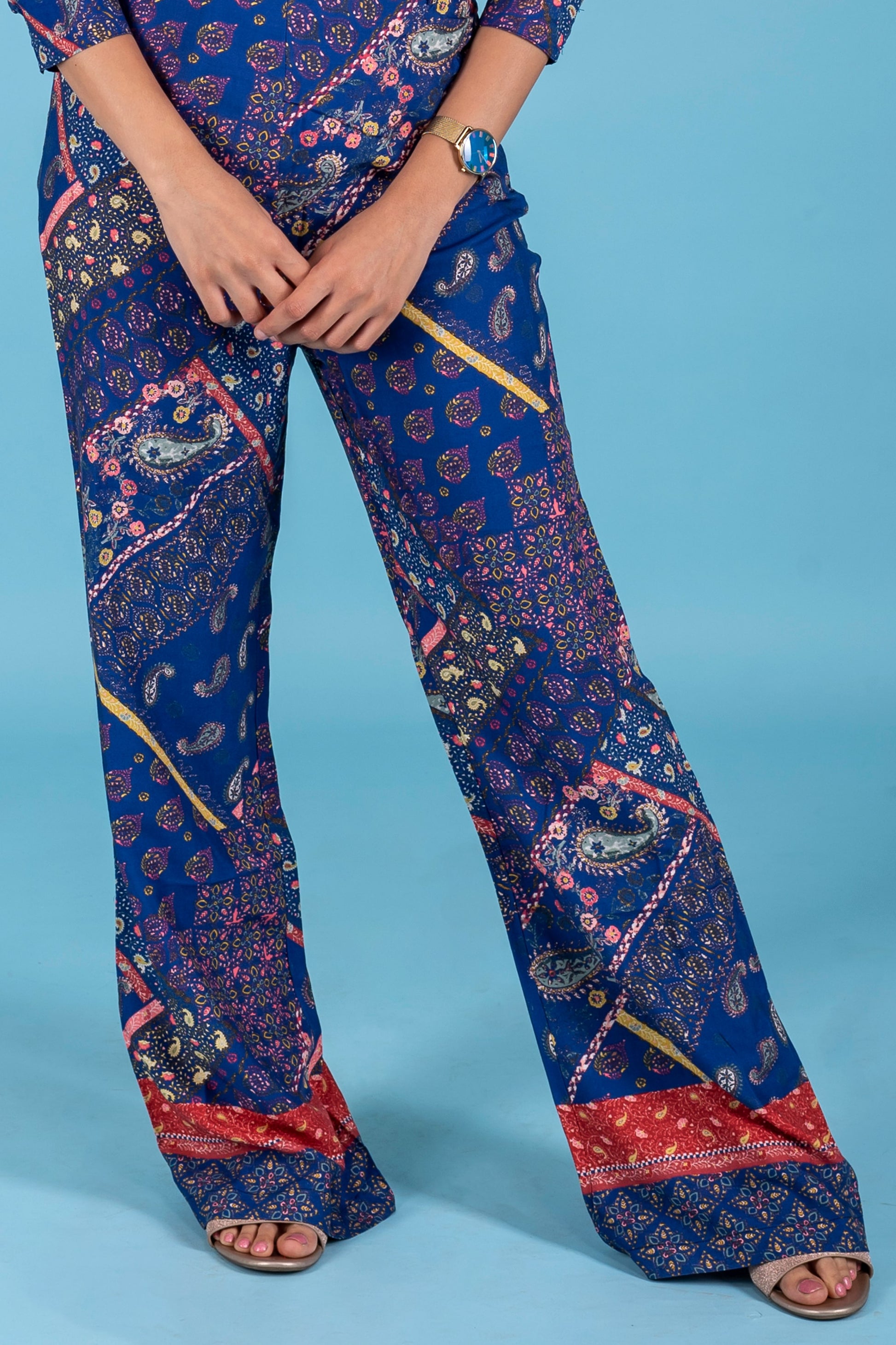 Patchwork Print Wide Leg Pants