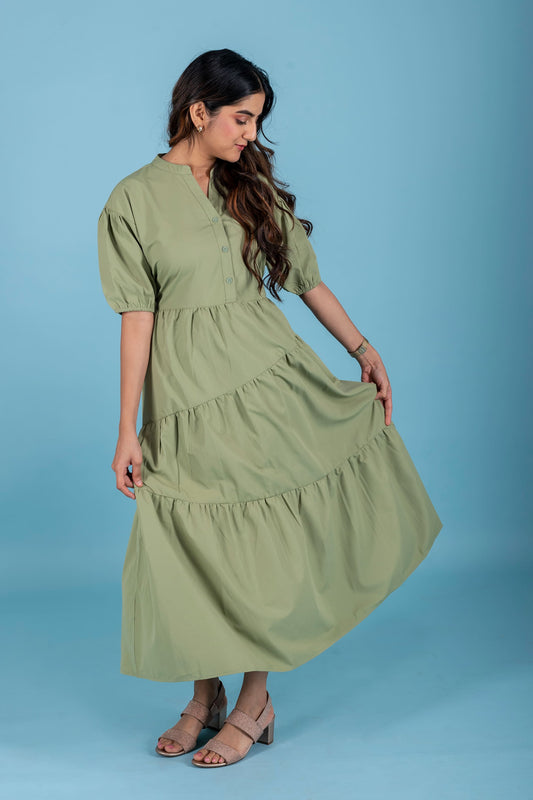 Layered Buttoned Half Sleeves Midi Dress